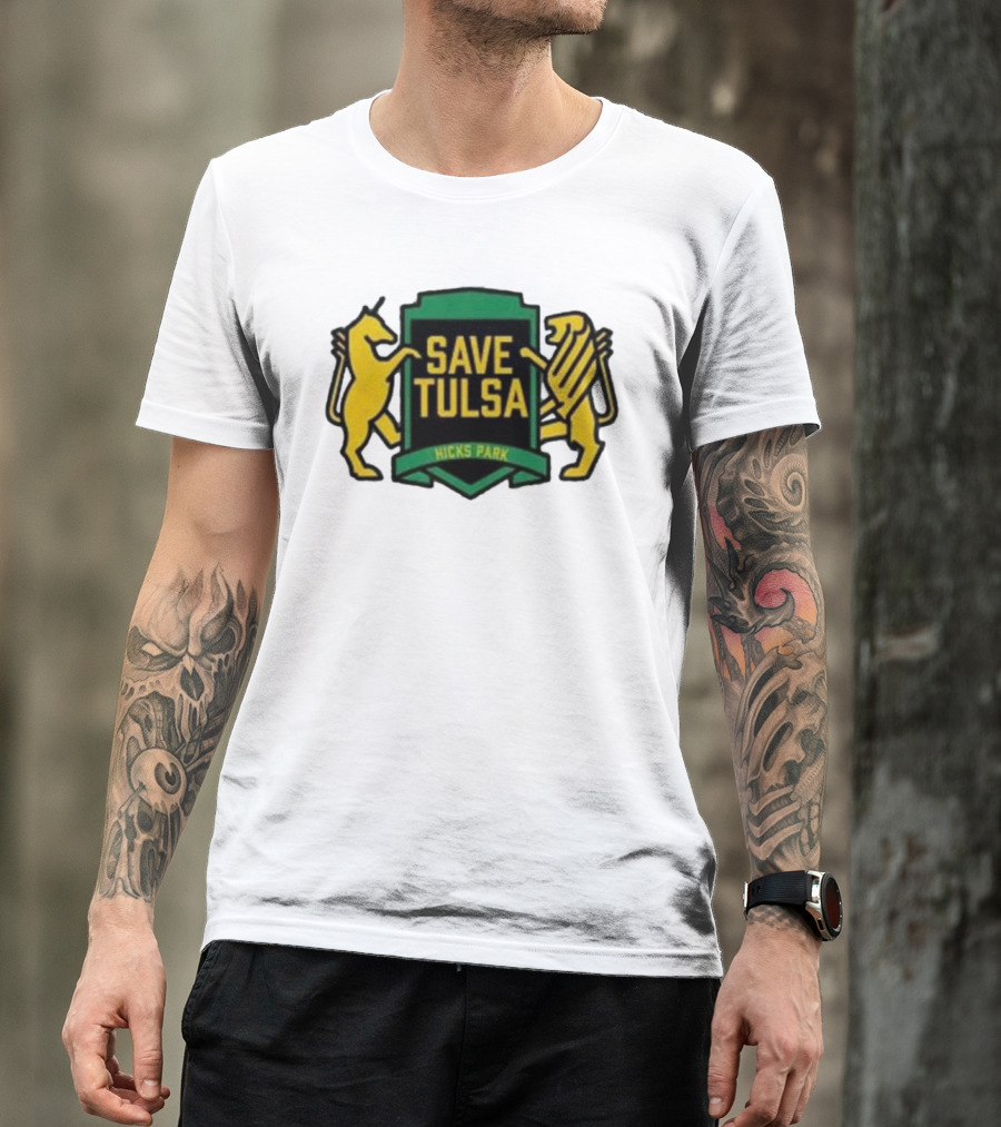 Save Tulsa Kicks Park Yellow Lion And Griffin Shield T-Shirt