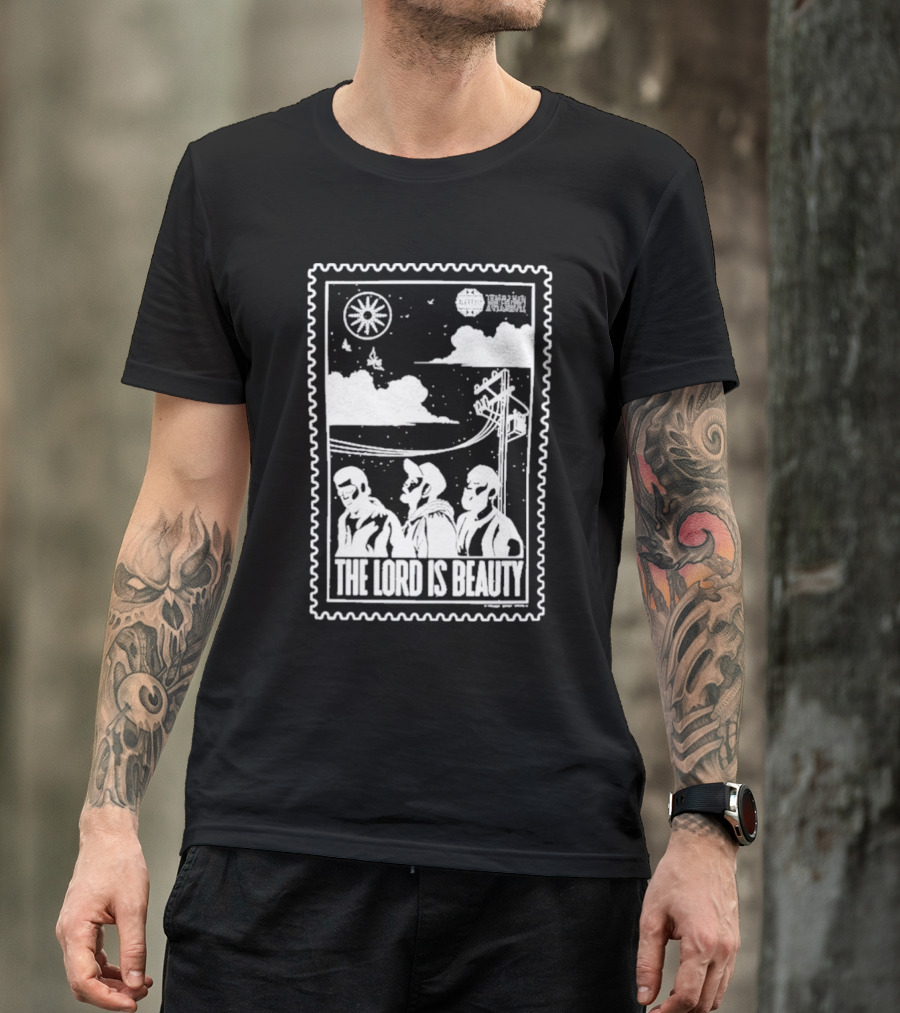 The Lord Is Beauty Three Figures Under Night Sky Clouds Birds Sun And Powerlines T-Shirt