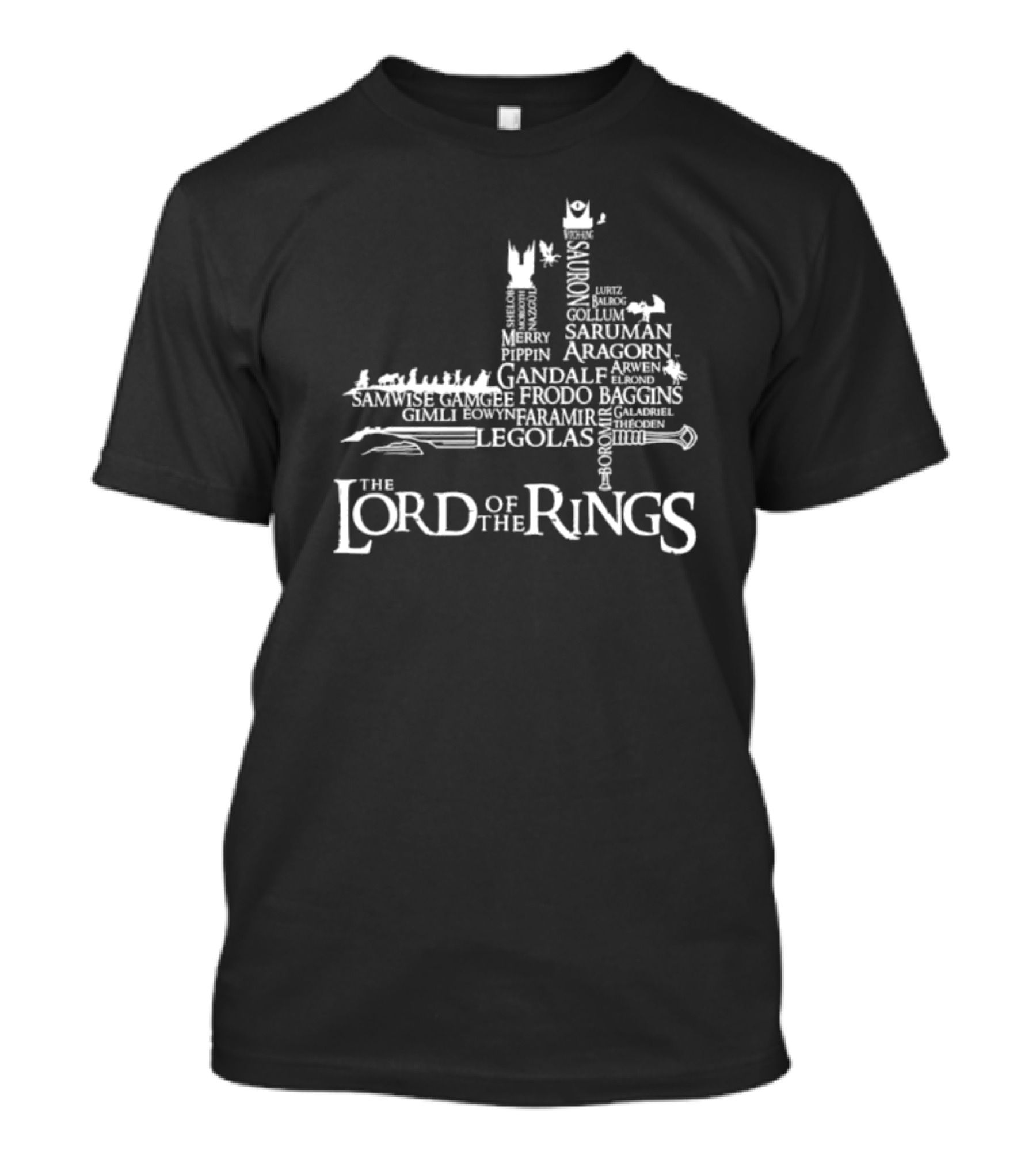 The Lord Of The Rings Characters Legolas Gollum Aragorn Gandalf Frodo Baggins Saruman Sauron Isengard Map T-Shirt