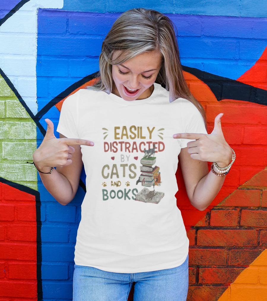 Easily Distracted By Cats And Books Stack Cats 365 Book Lover T-Shirt