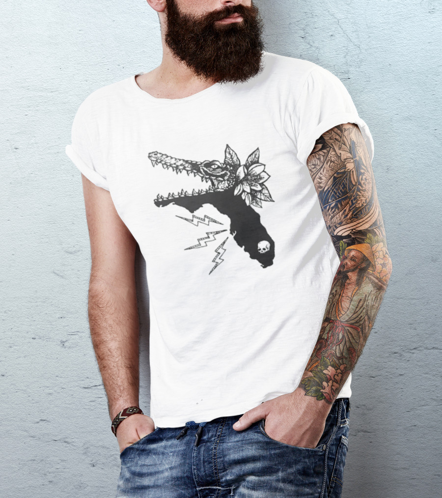 Florida Will Eat You - Alligator Skull Lightning Magnolia Map T-Shirt