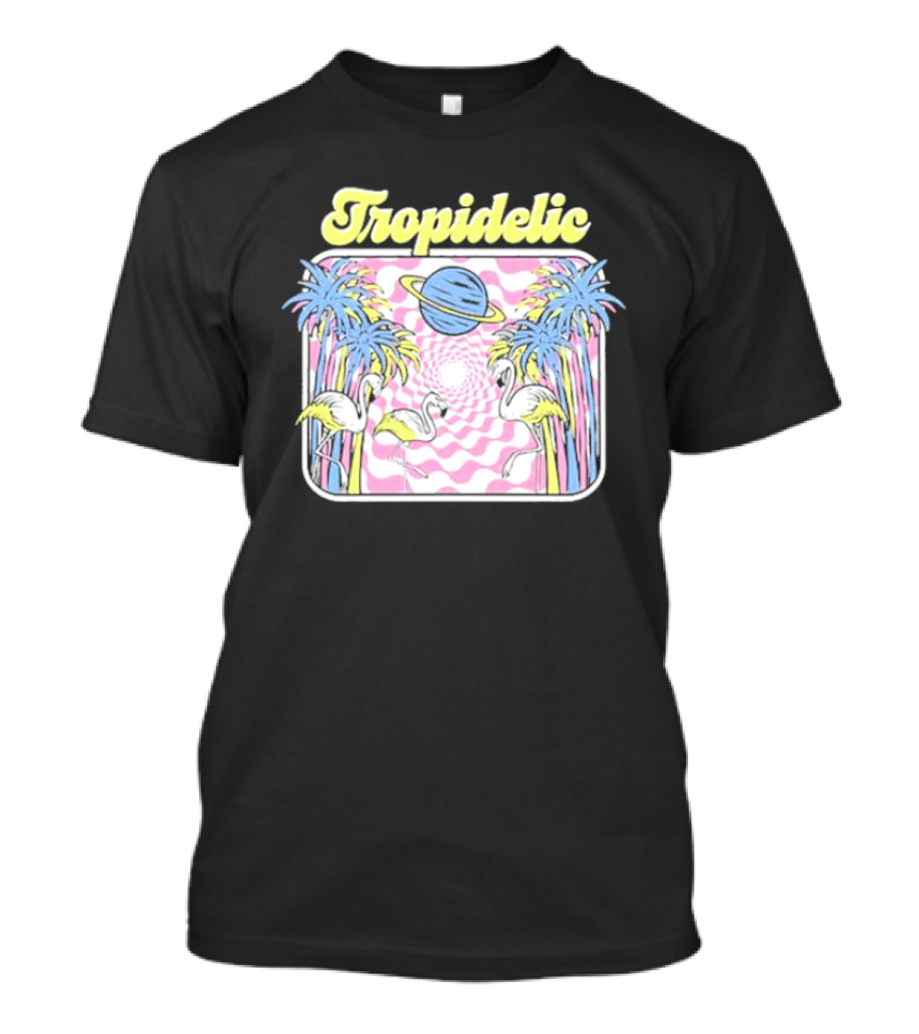 Tropidelic Flamingo With Space Vibes And Palm Trees T-Shirt