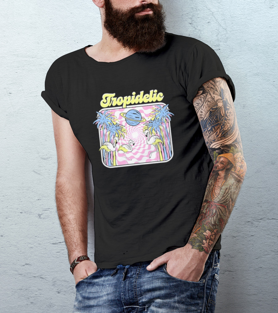 Tropidelic Flamingo With Space Vibes And Palm Trees T-Shirt