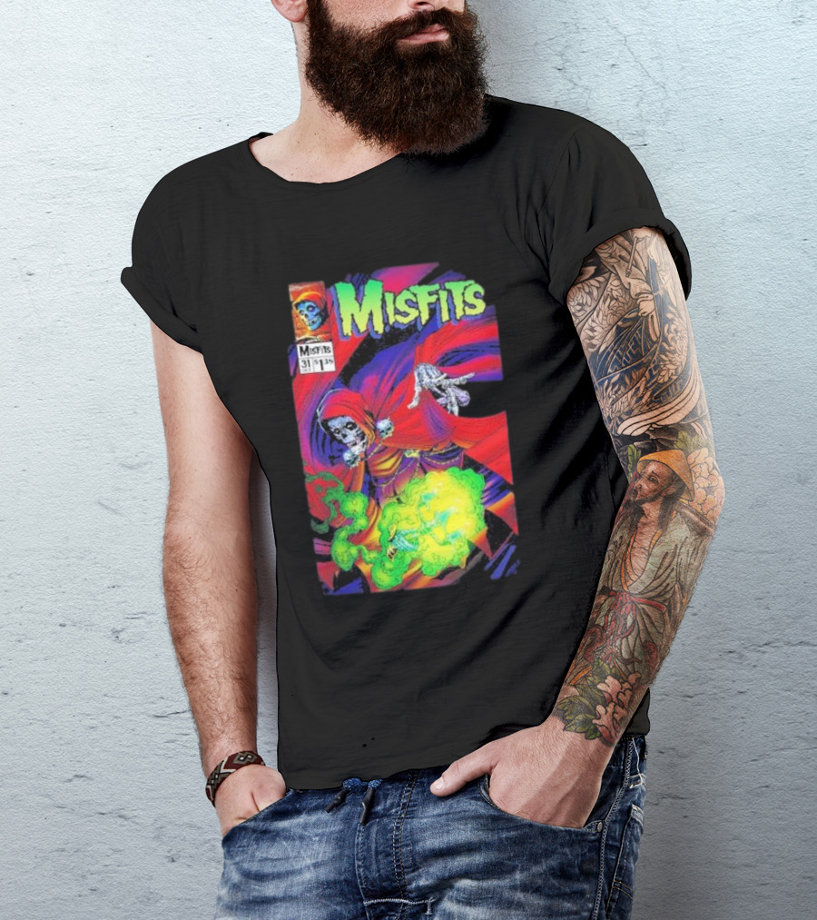 Misfits Yesterdays Death Skeleton Comic Cover 31 Skulls Purple Red Green Smoke T-Shirt