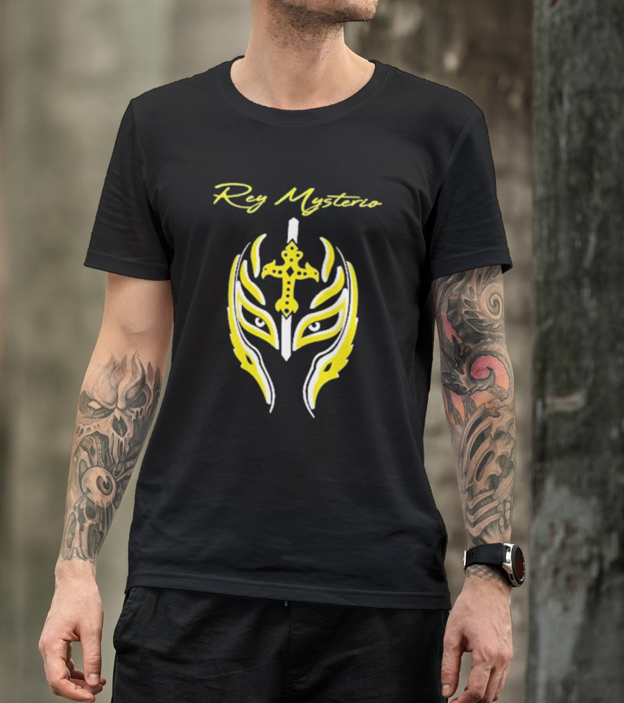 Rey Mysterio Cross Mask Icon With Yellow And White Accents T-Shirt