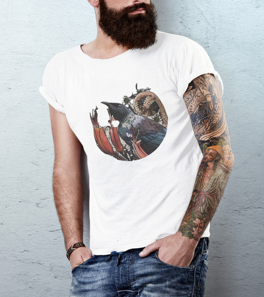 Tui’s Floral Harmony New Zealand Bird And Fern Motif T-Shirt