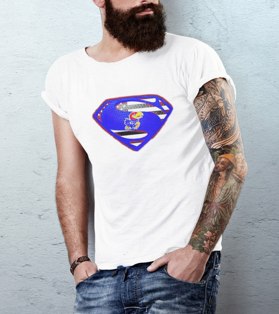Kansas Jayhawks Superman Logo With USA Flag T-Shirt