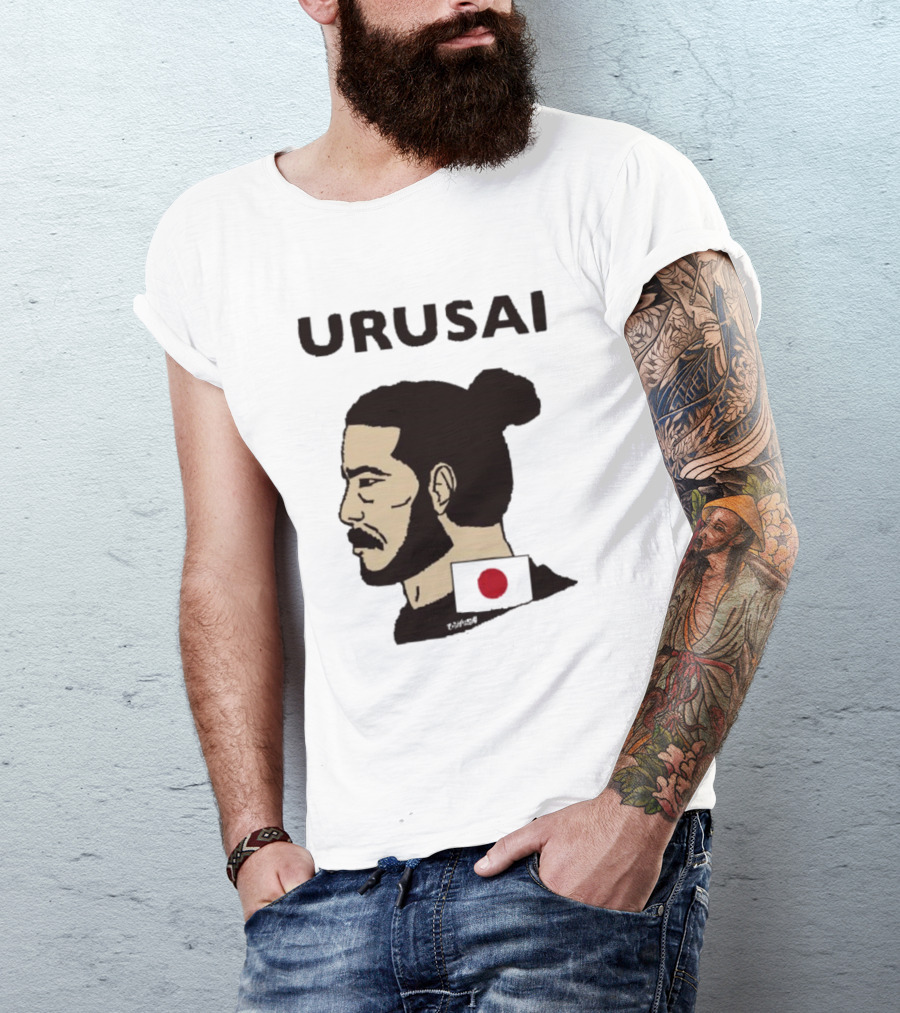 URUSAI Hiragana Ninja Japan Samurai Man Bun Profile With Flag T-Shirt