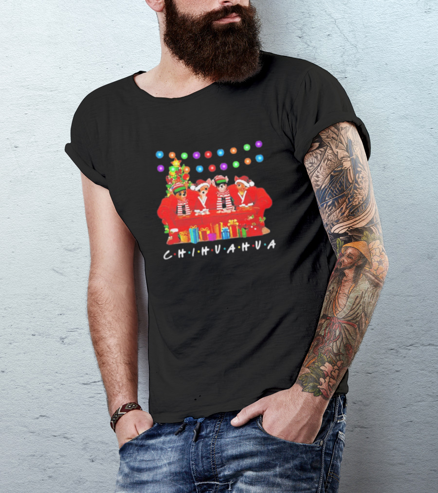 Merry Christmas Chihuahua Friends On Festive Couch With Colorful Lights And Presents T-Shirt
