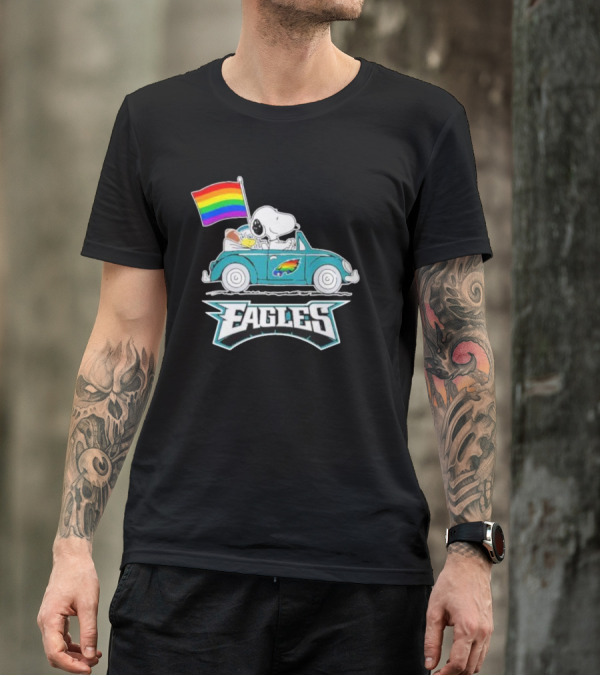 Philadelphia Eagles Pride Month Snoopy And Woodstock Rainbow Flag Parade T-Shirt