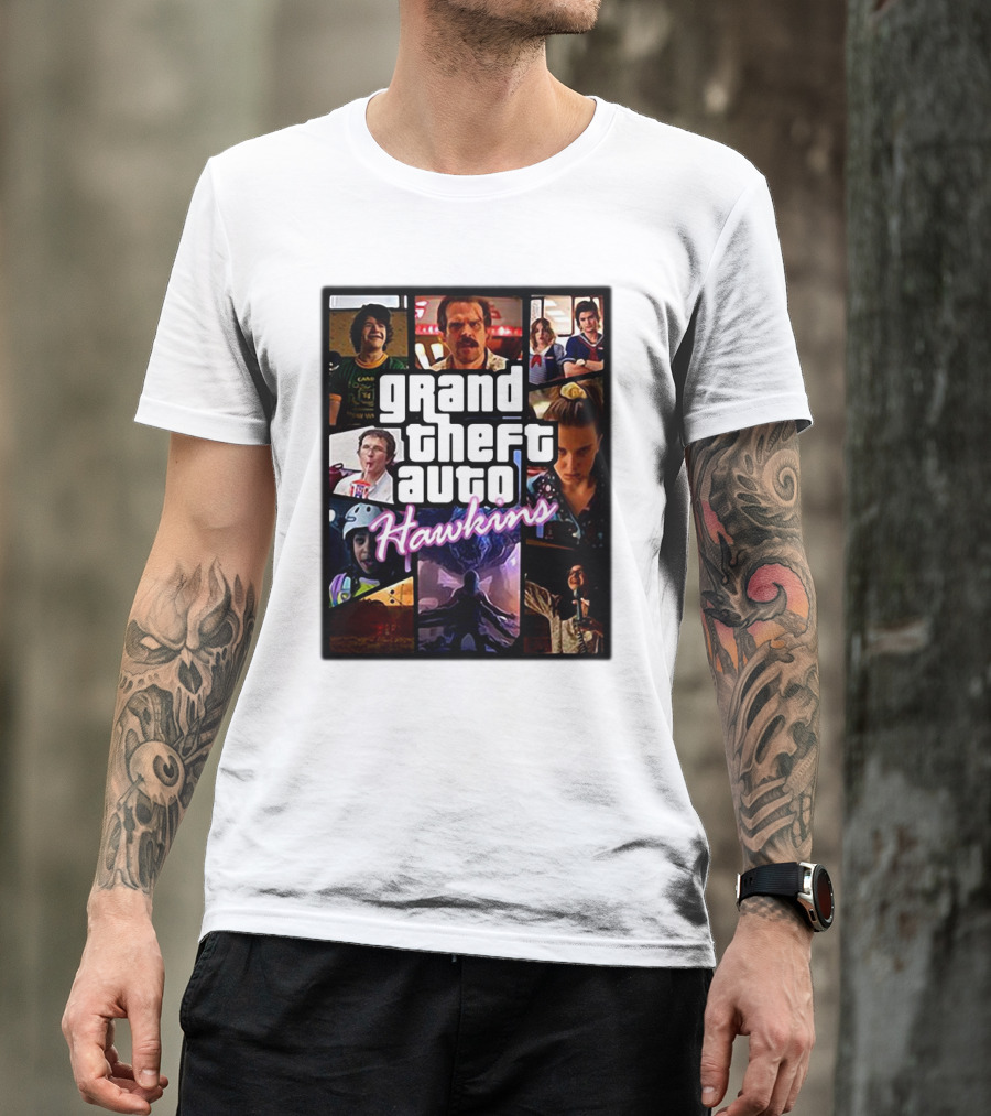 Stranger Things 3 Grand Theft Auto Hawkins Vintage Style Collage T-Shirt