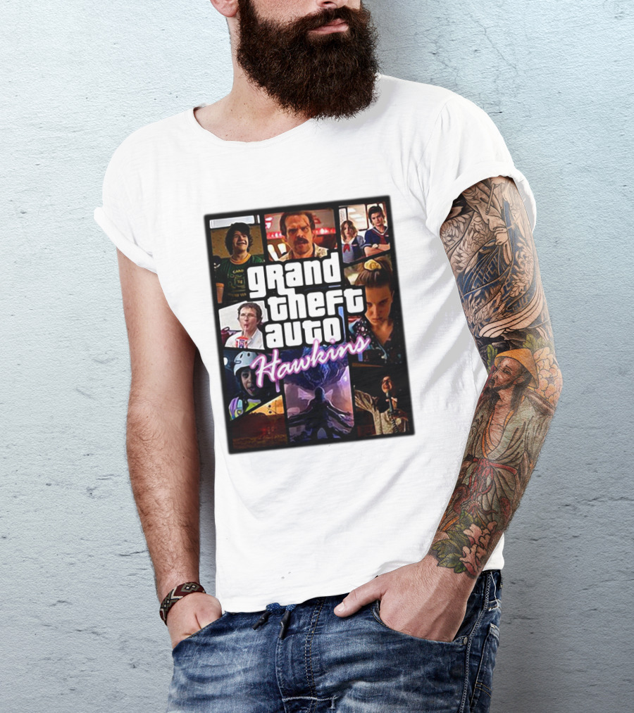 Stranger Things 3 Grand Theft Auto Hawkins Vintage Style Collage T-Shirt