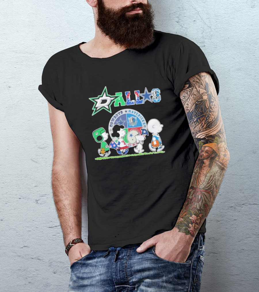 Peanuts Characters Walking With Dallas Cowboys Mavericks Stars T-Shirt