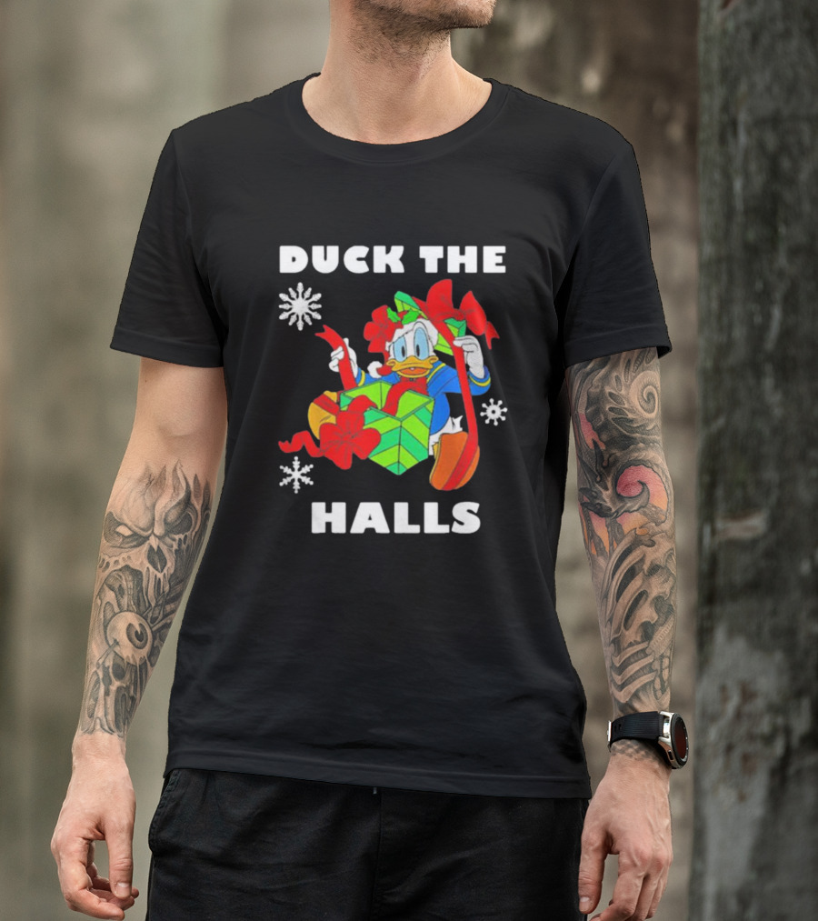 Duck The Halls Christmas With Present And Snowflakes T-Shirt