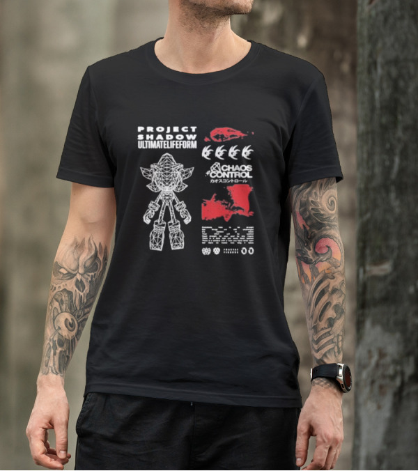 Project Shadow Ultimate Lifeform Chaos Control Japanese Text Wireframe Character Red Elements T-Shirt
