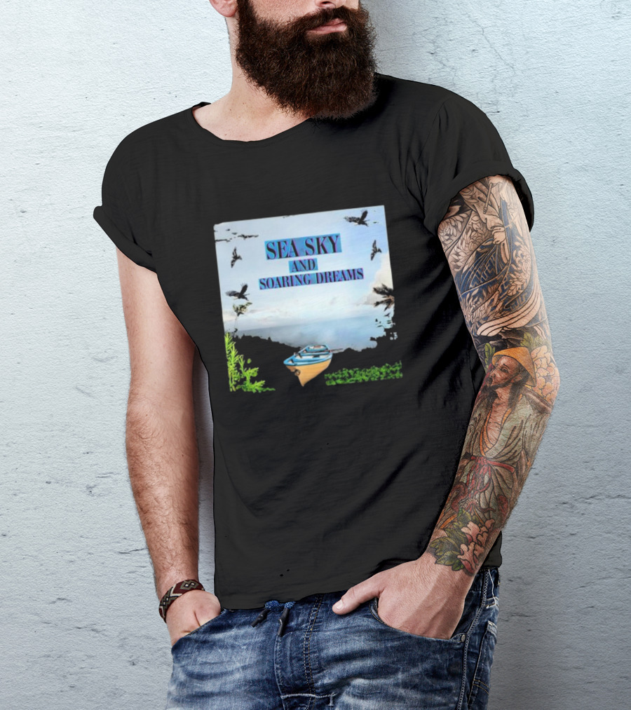 SEA SKY AND SOARING DREAMS WITH BIRDS AND BOAT IN NATURE SCENE T-Shirt