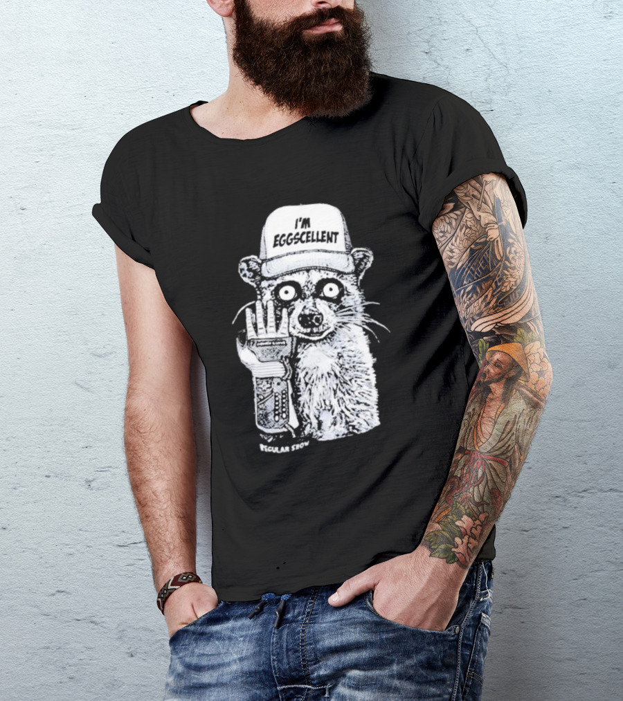 I'm Eggscellent Rigby Regular Show Raccoon Wearing Hat With Cybernetic Arm T-Shirt