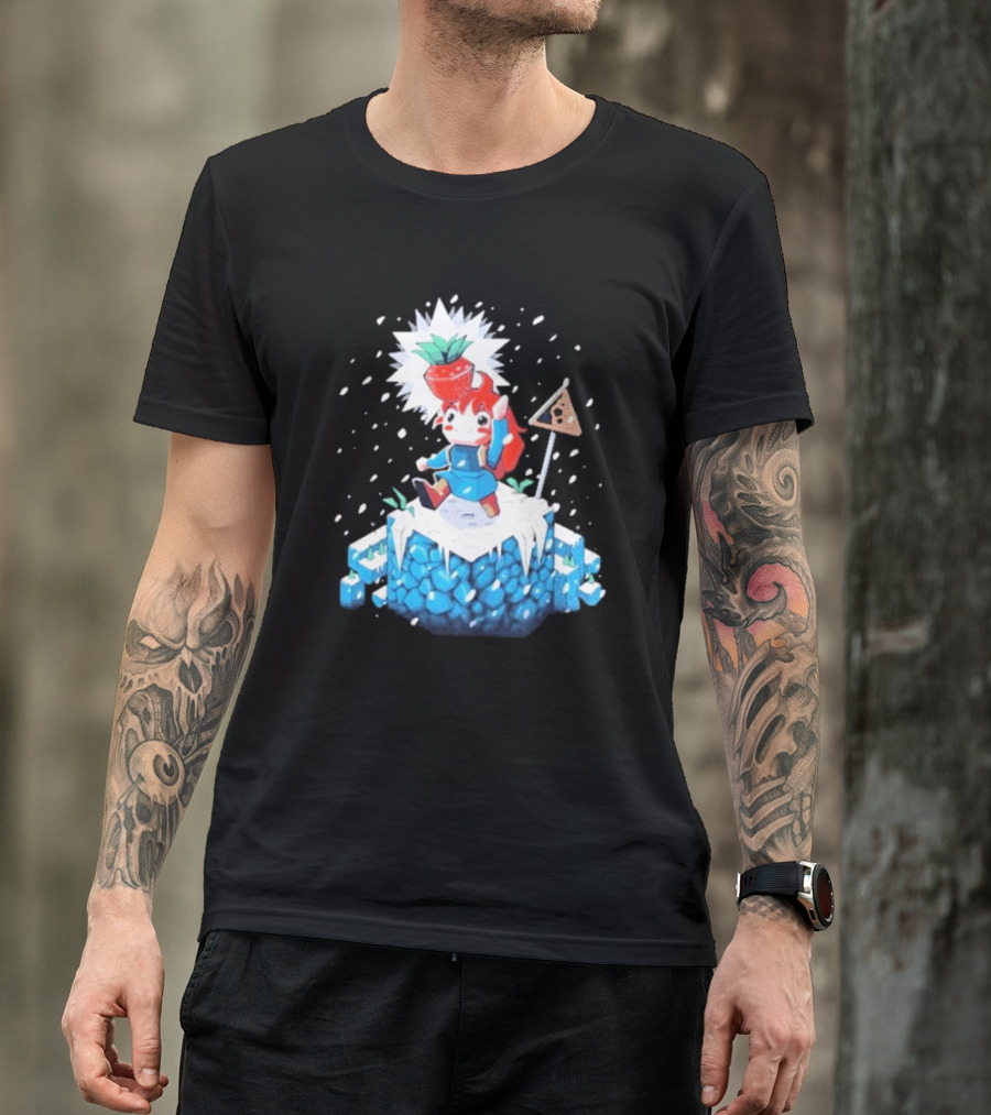 The Yetee Celeste 64 Pixel Adventure Character With Strawberry And Flag On Ice Mountain T-Shirt