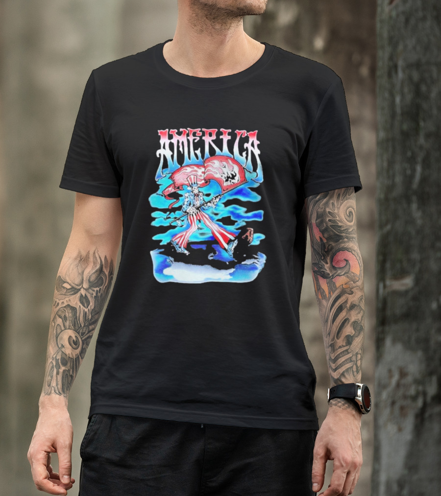 Warren Lotas America Skeleton Uncle Sam With Skull Flags T-Shirt