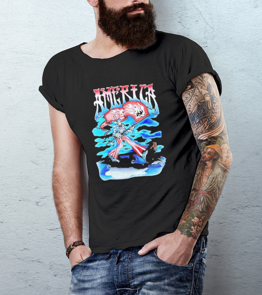 Warren Lotas America Skeleton Uncle Sam With Skull Flags T-Shirt