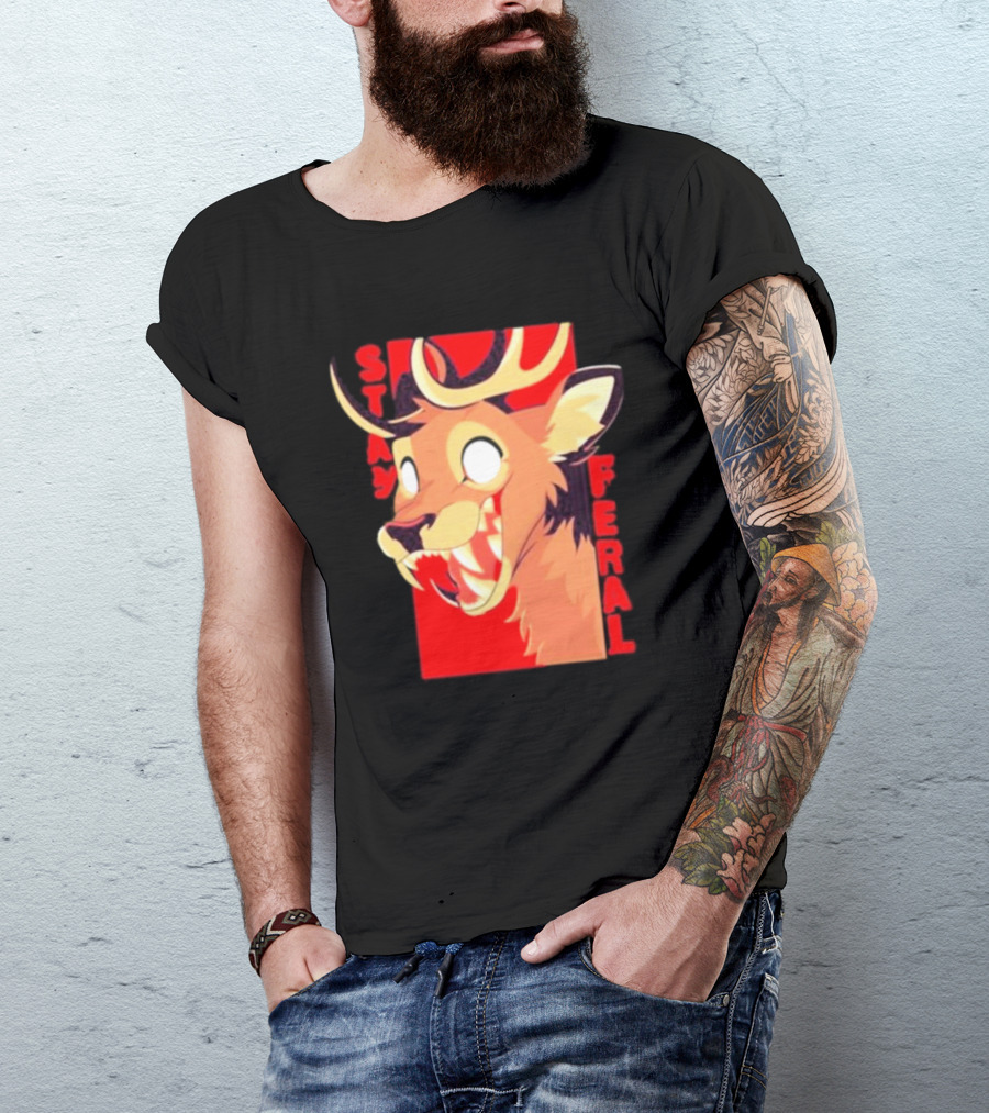 Stay Feral Toothy Deer Wild Expression Monochrome Cartoon T-Shirt