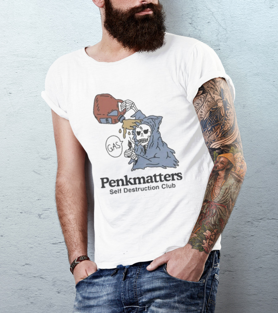 Penkmatters Self Destruction Club Gas Can Pouring On Hooded Figure T-Shirt