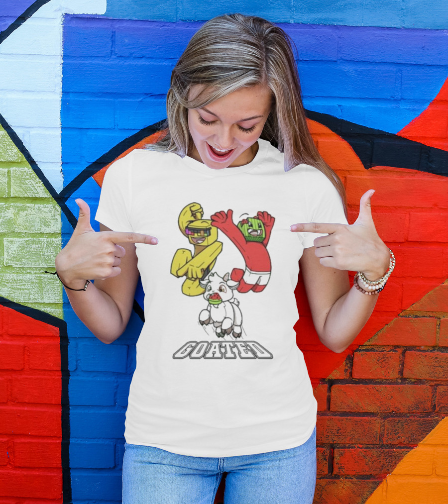 Sunny Melon Goated Characters With Vibrant Yellow And Red Outfits T-Shirt