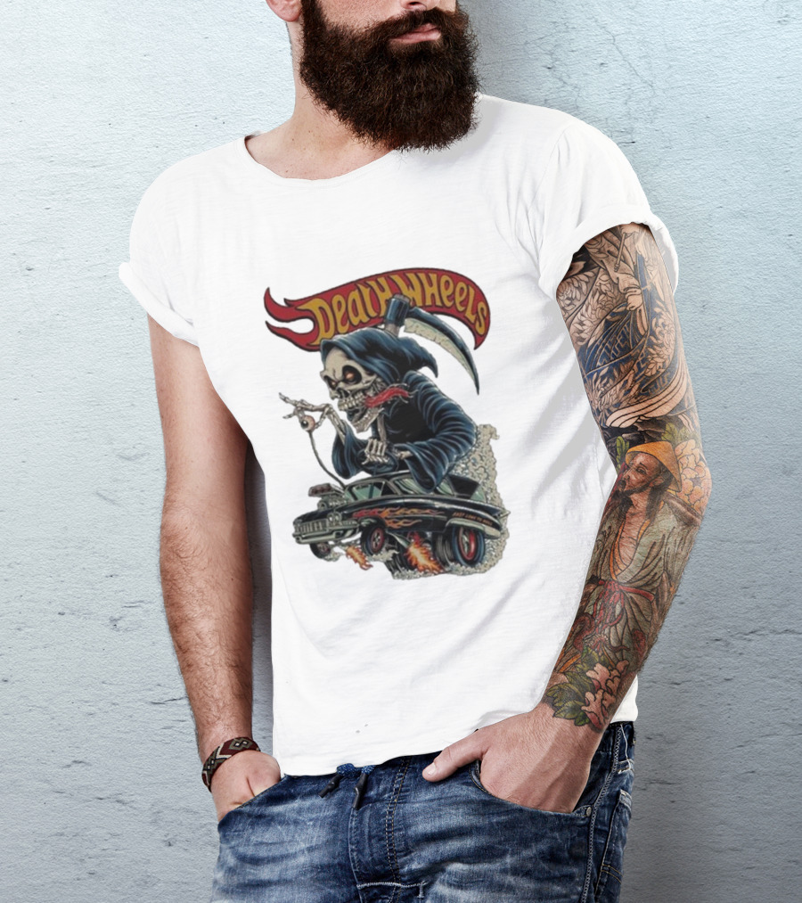 Deadly Wheels Krisna Okky Death Wheels Grim Reaper Driving Flaming Car T-Shirt