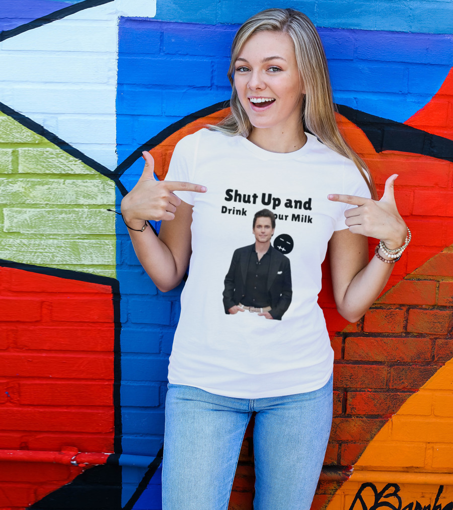 Shut Up And Drink Your Milk With Smiling Man In Black Suit T-Shirt