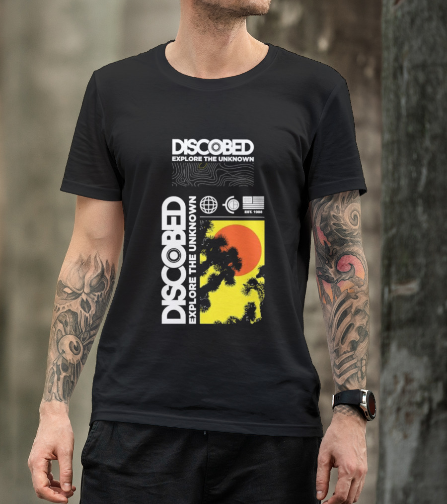 Discobed Explore The Unknown Global Exploration Est 1988 Sun Images With Iconic Nature Scene T-Shirt
