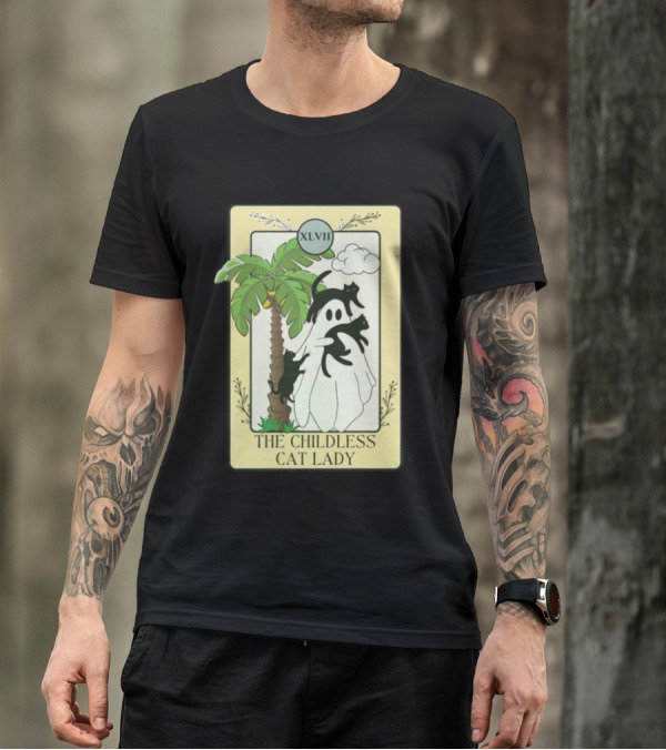 XLVII The Childless Cat Lady Ghost Black Cat Coconut Tree T-Shirt