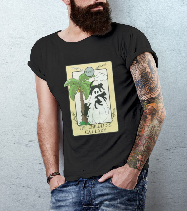XLVII The Childless Cat Lady Ghost Black Cat Coconut Tree T-Shirt