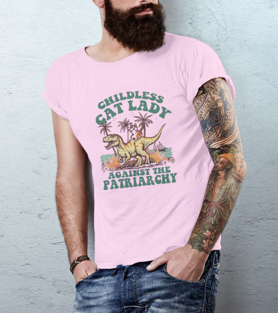 Childless Cat Lady Riding Dinosaur Against The Patriarchy With Flaming Coconut Trees T-Shirt