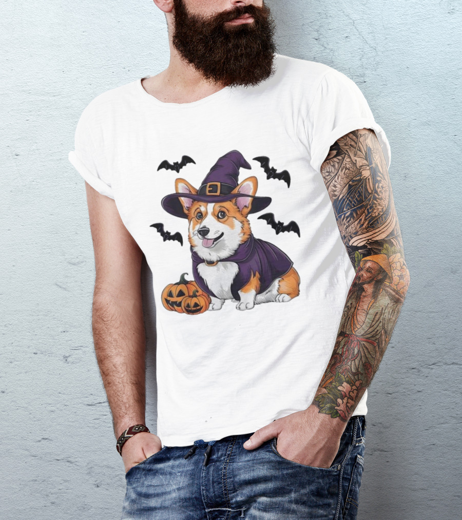 Halloween Corgi In Witch Hat With Pumpkins And Bats T-Shirt