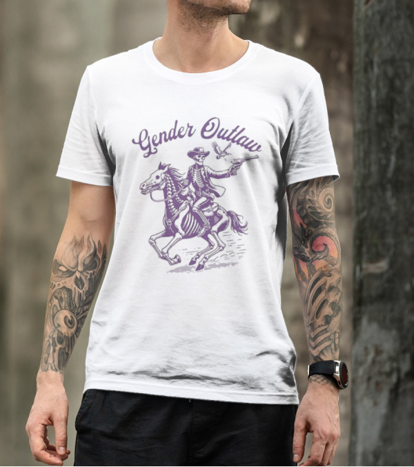 Veda Scott Gender Outlaw Skeleton Cowboy Horse Rider With Bird T-Shirt