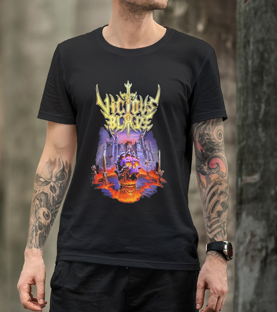 Vicious Blade Skull Fortress With Flaming Swords T-Shirt