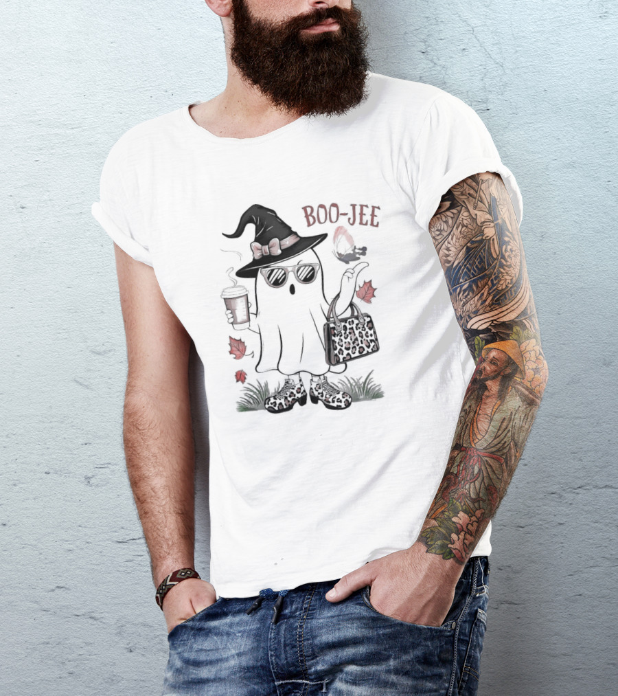 Boo Jee Leopard Ghost Fall Vibes With Witch Hat And Coffee Cup T-Shirt