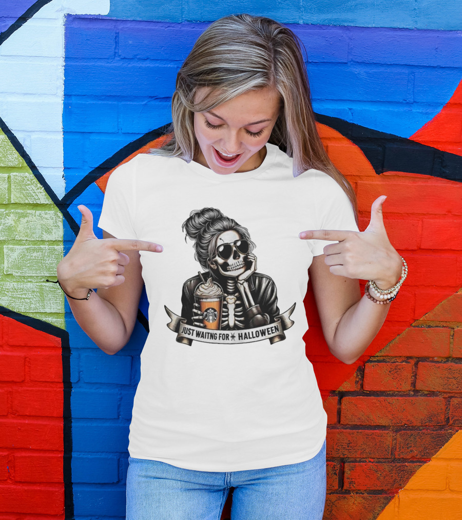 Just Waiting For Halloween Skeleton With Coffee Cup Spooky Season T-Shirt