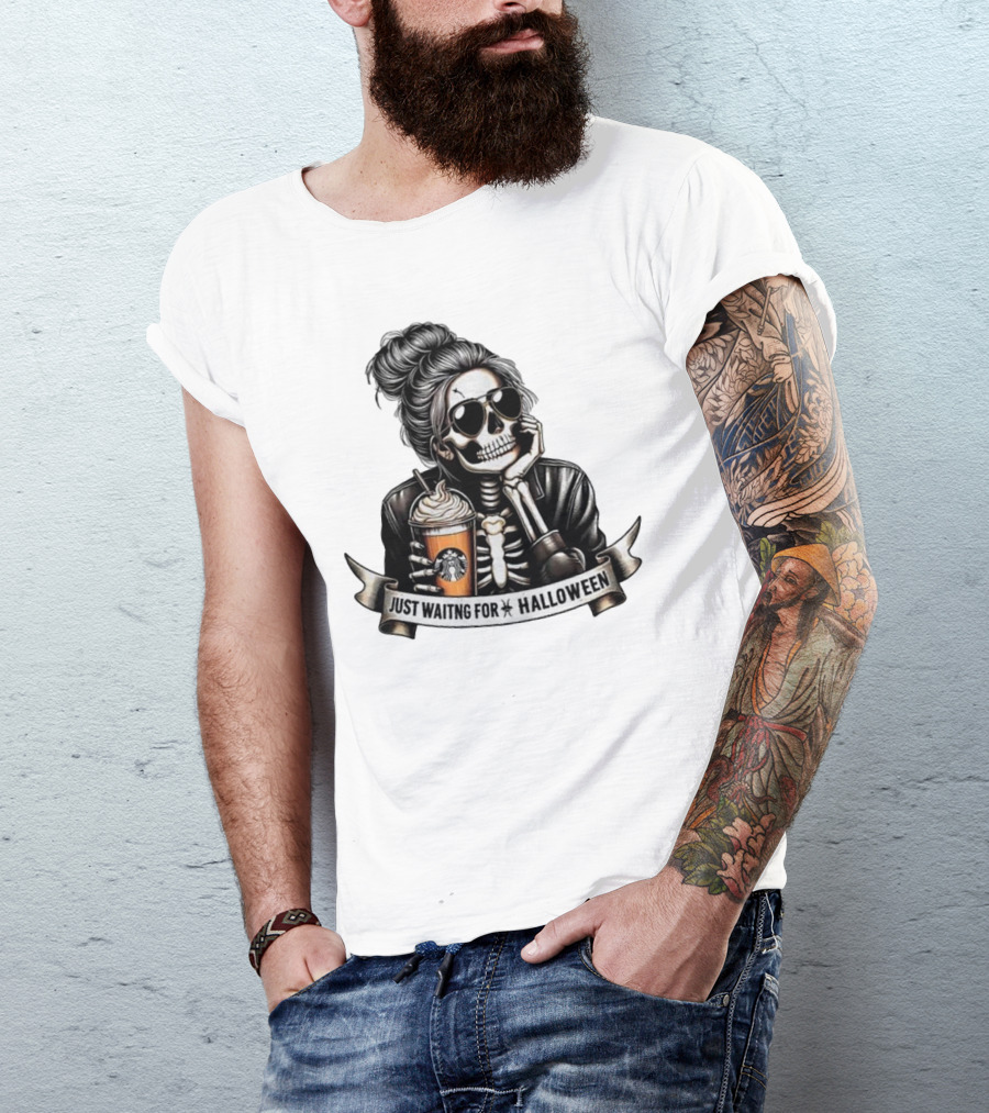 Just Waiting For Halloween Skeleton With Coffee Cup Spooky Season T-Shirt