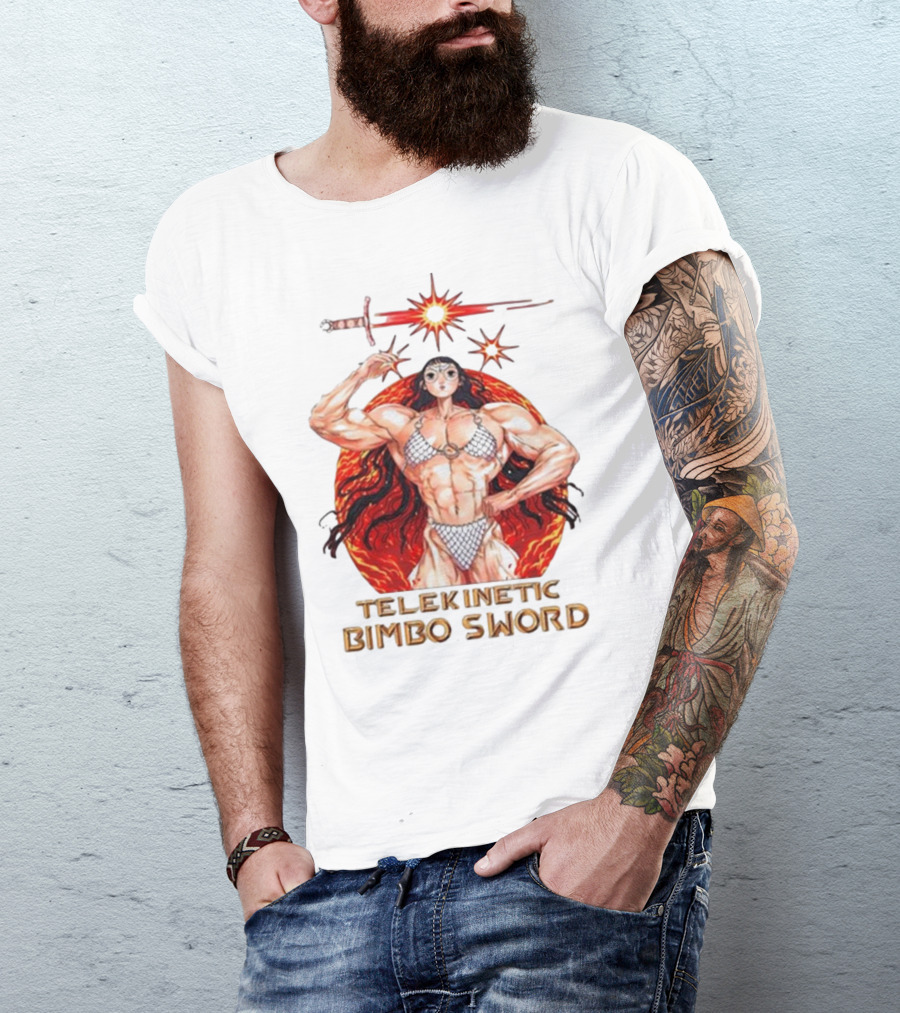 Rebecca Kirby Telekinetic Bimbo Sword Warrior With Fiery Background T-Shirt
