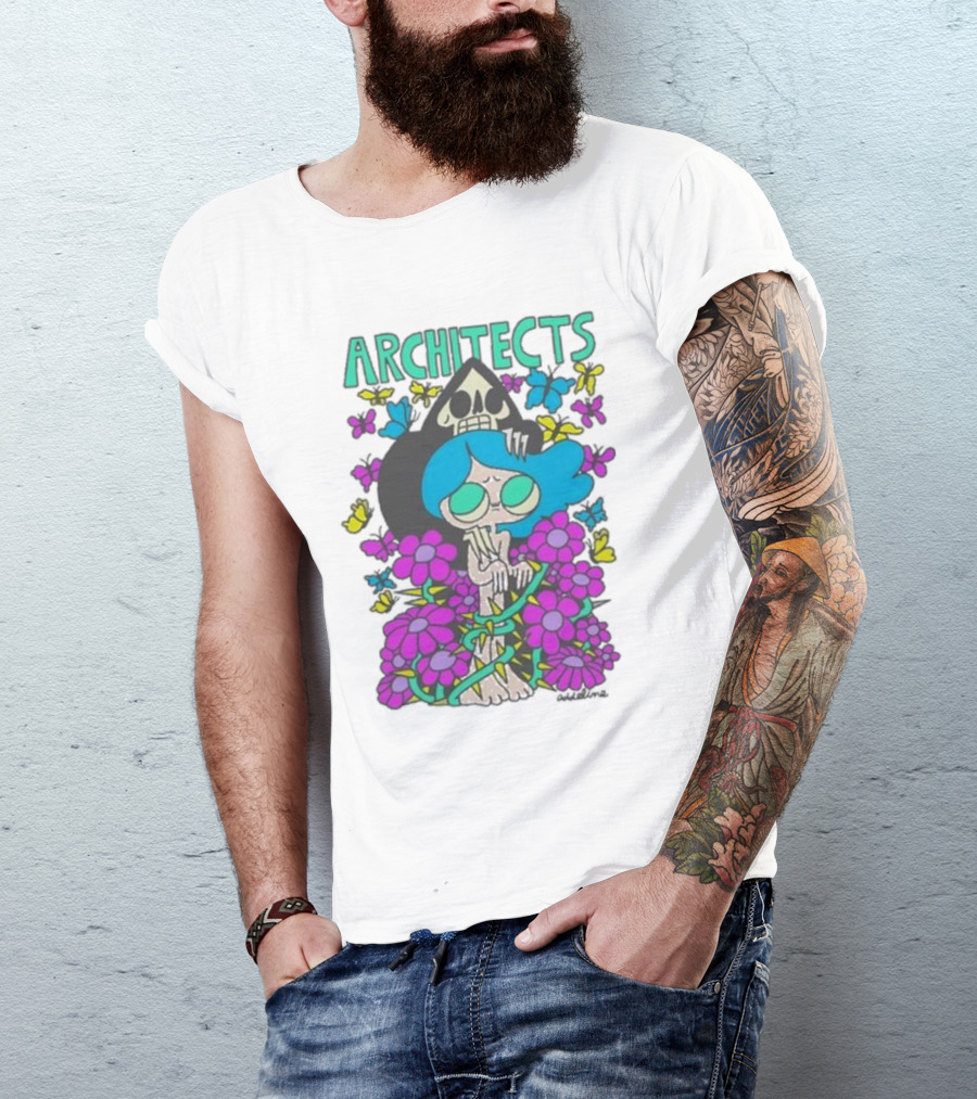 ARCHITECTS Butterfly Skull Skeleton Flowers Blue Hair T-Shirt