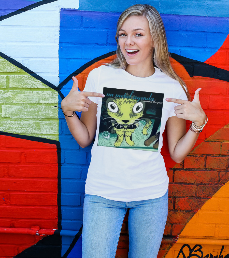 Nu Metal Agenda Around The Purr Feline Illustration With Swirling Colors And Bold Letters T-Shirt