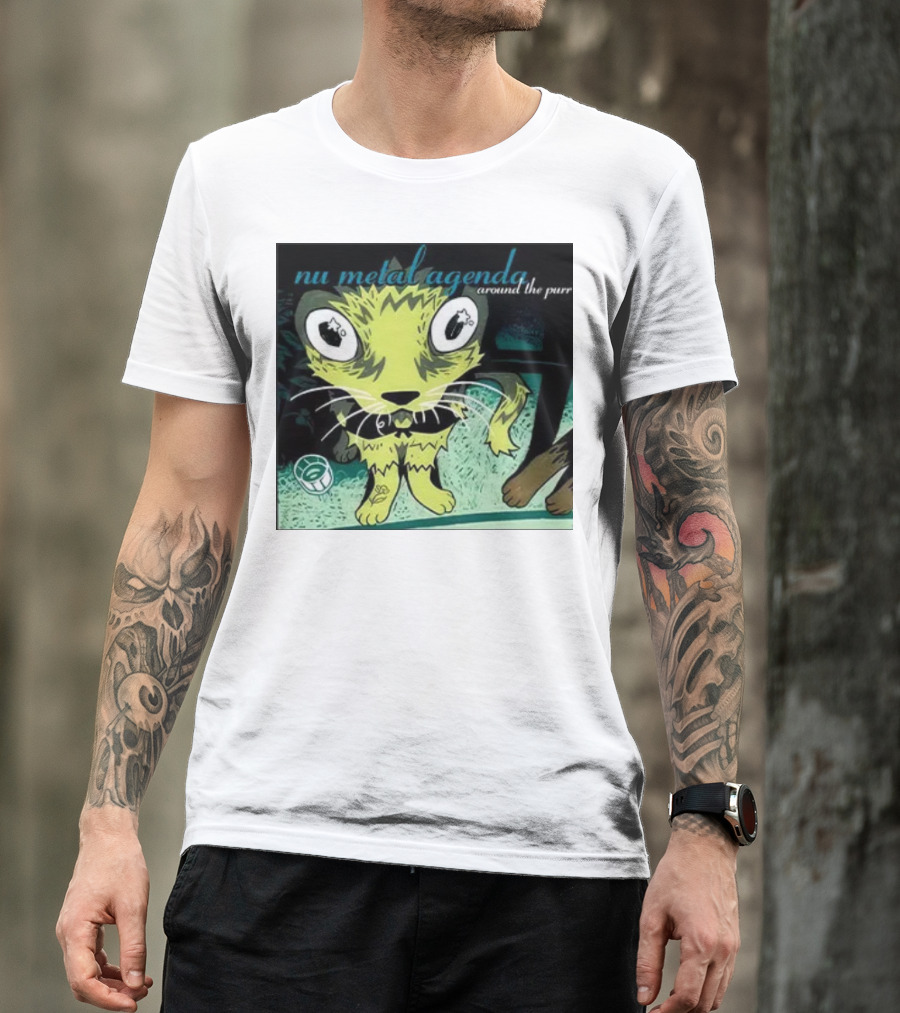 Nu Metal Agenda Around The Purr Feline Illustration With Swirling Colors And Bold Letters T-Shirt
