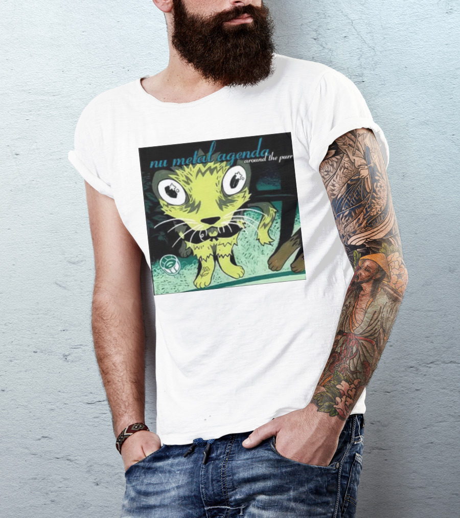 Nu Metal Agenda Around The Purr Feline Illustration With Swirling Colors And Bold Letters T-Shirt
