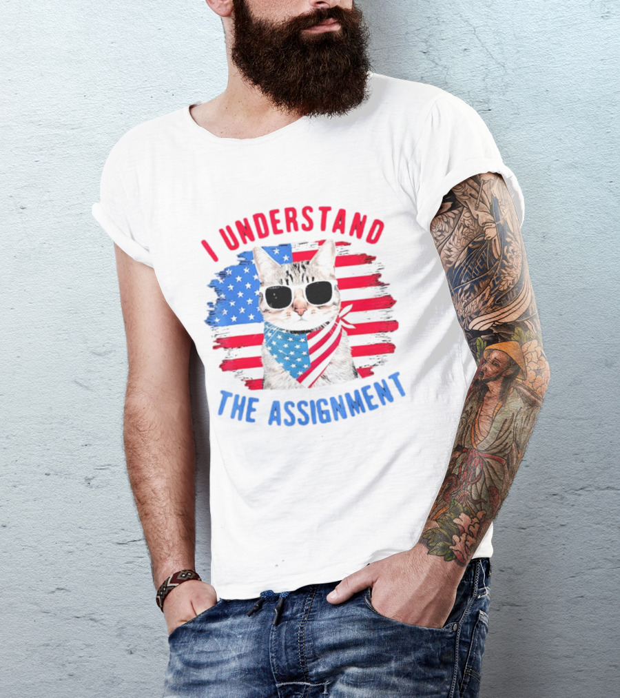 I Understand The Assignment Cat With American Flag Sunglasses And Scarf T-Shirt