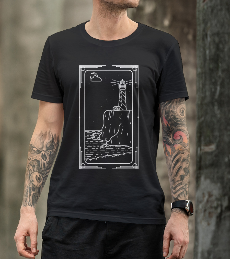 Coastal Lighthouse Cliff With Starry Sky And Waves T-Shirt