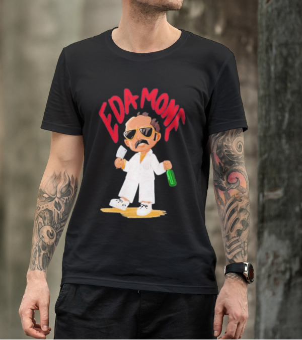 Eda Mone Rangan Chettan Cartoon Character In White Suit With Sunglasses Holding Cleaver And Bottle T-Shirt