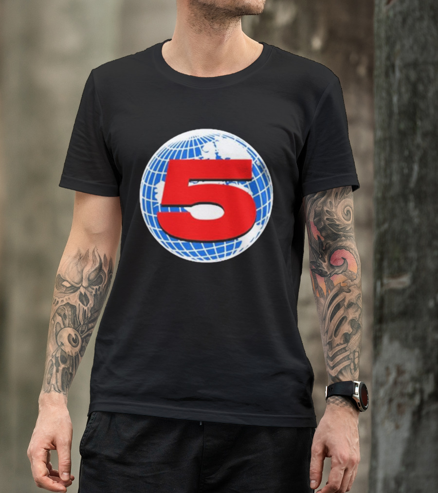 Red Number 5 On Blue And White Globe Background T-Shirt