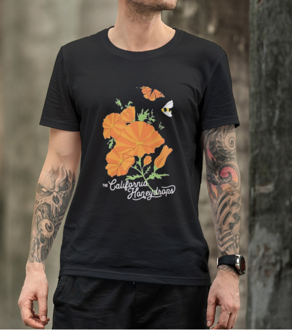 The California Honeydrops Orange Poppies Meadow With Butterfly And Bee T-Shirt