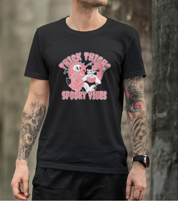 Thick Thighs Spooky Vibes Skeleton Heart Pin-Up Rose T-Shirt